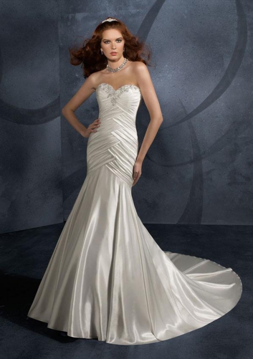 Strapless Pleated Beaded Satin Mermaid/Trumpet Wedding Dress