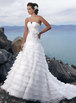 Notched Neckline Tiered Organza A line Destination Wedding Dress