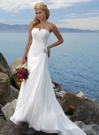 Notched Neckline Beaded Chiffon Simple Destination Wedding Dress