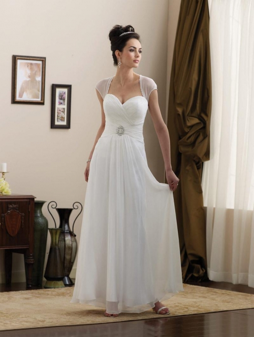 Simple Strapless Cap Sleeves Beaded Chiffon Informal Wedding Dress