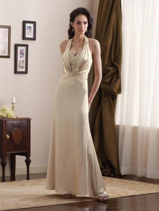 Champagne Halter Straps Beaded Informal Wedding Dress