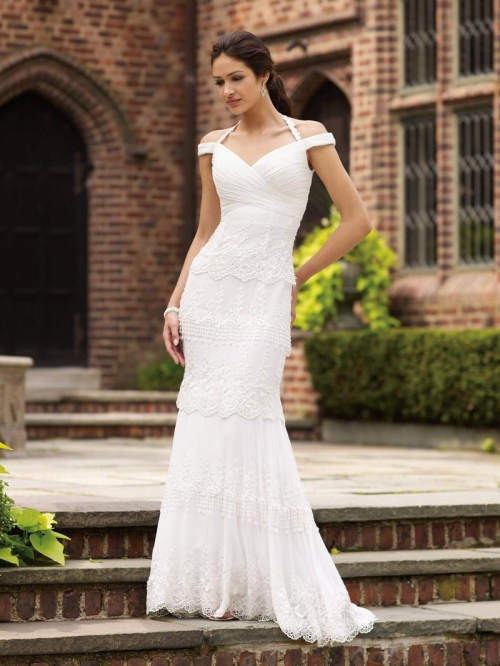 Halter Off-the-shoulder Chiffon Lace Mermaid Informal Wedding Dress