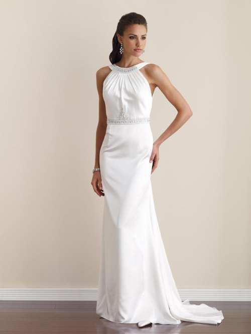 Elegant High Neck Beaded Sheath Informal Simple Wedding Dress