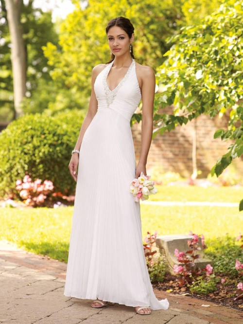Simple Halter Beaded Pleated Chiffon Informal Wedding Dress