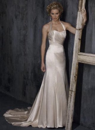 Light Gold Halter Beaded Mermaid/Trumpet Wedding Dress