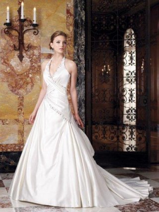 Halter Neckline Empire Beaded Satin Wedding Dress
