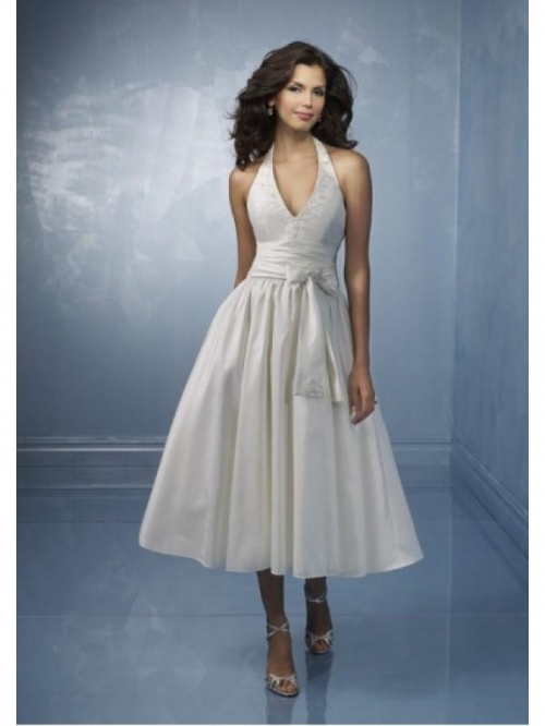 Short Halter Top Taffeta Sash Princess Designer Wedding Dress