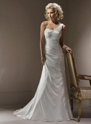 One Shoulder Pleated Satin A-line Simple Wedding Dress