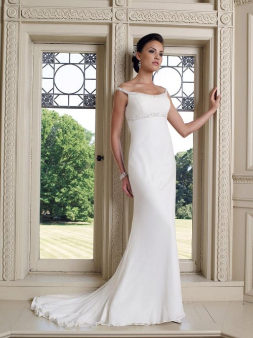 Bateau Neckline Beaded Chiffon Sheath Wedding Dress
