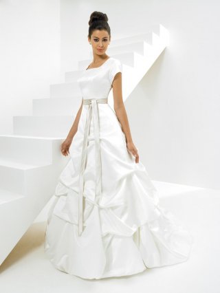 Sash Ruffles Satin Ball Gown Modest Wedding Dress With Sleeves