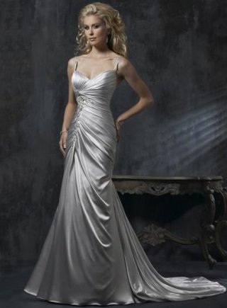 Silver V-neck Beaded Lace Column/Sheath Wedding Dress