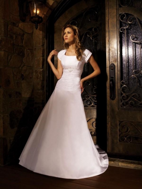 Short Sleeves Beaded Satin A-line Modest Wedding Dress