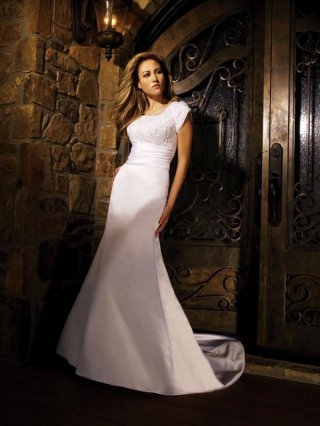 Scoop Short Sleeves Chapel Train Satin A-line Modest Wedding Dress