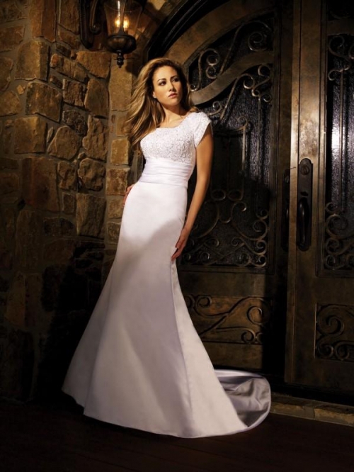 Scoop Short Sleeves Chapel Train Satin A-line Modest Wedding Dress