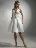 Short V-enck Sash Ball Gown Silhouette Satin Wedding Dress