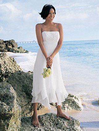 Short Tea length Beaded Chiffon Destination Beach Wedding Dress