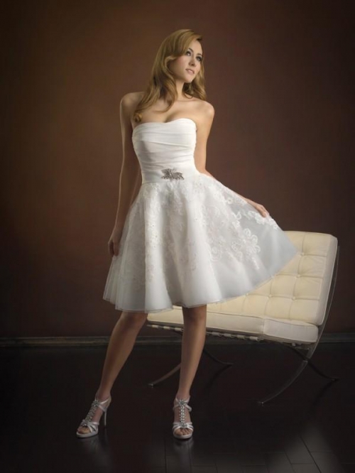 Short Strapless Satin Lace Embroidery Empire Designer wedding dress