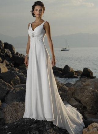 Simple V-neck Beaded Chiffon Sheath Beach Destination Wedding Dress
