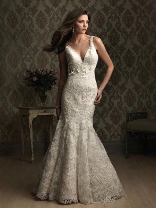 V neck Embroidered Lace Fitted Mermaid/Trumpet Wedding Dress