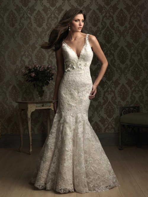 V neck Embroidered Lace Fitted Mermaid/Trumpet Wedding Dress