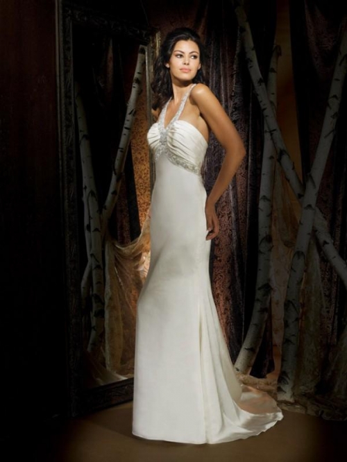 Halter top Beading Satin Column/Sheath Vintage Simple Wedding Dress