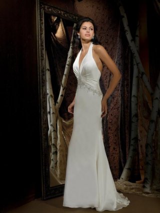 Halter top Beaded Satin chiffon Column/Sheath Vintage Wedding Dress