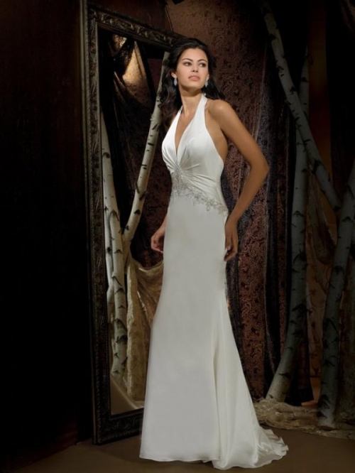 Halter top Beaded Satin chiffon Column/Sheath Vintage Wedding Dress