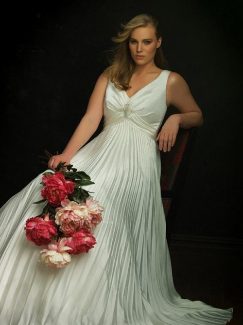 Pleated V-neck Unique Empire Waist Plus Size Wedding Dress