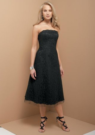 Black Tea length Strapless Lace Beaded Bridesmaid Dress