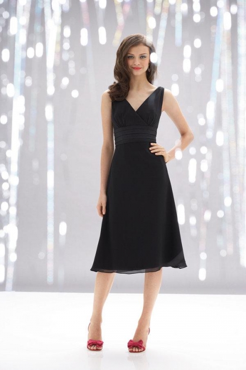 Black V-neck Tea length Chiffon Bridesmaid Dress