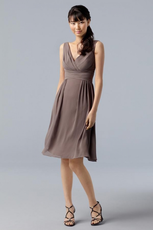 V-neck Straps Knee length Stone Chiffon Sashes Bridesmaid Dress