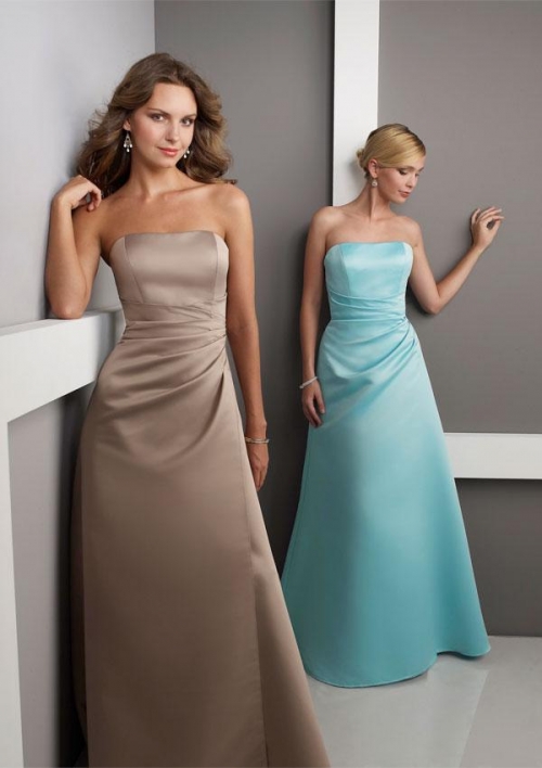 Full length Strapless Draping Bodice Satin Bridesmaid Dress