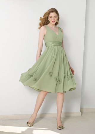 V-neck Knee length Sash Floral Chiffon A-line Bridesmaid Dress