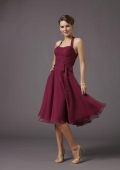 Scooped Halter Knee length Sash Chiffon A-line Bridesmaid Dress