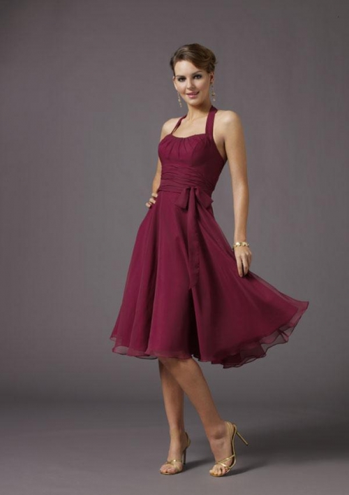 Scooped Halter Knee length Sash Chiffon A-line Bridesmaid Dress