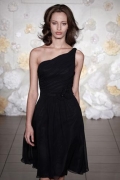One-shoulder Tea length Black chiffon A-line Bridesmaid Dress