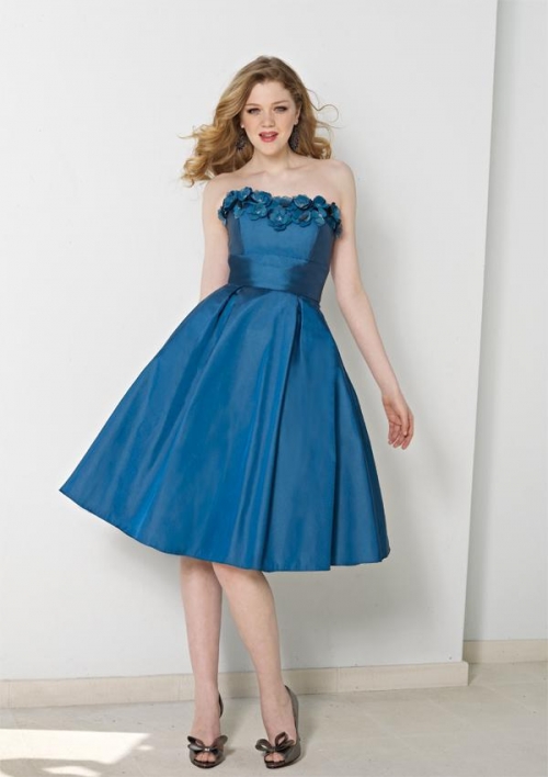 Marine Knee length Beaded Floral Taffeta Bridesmaid Dress