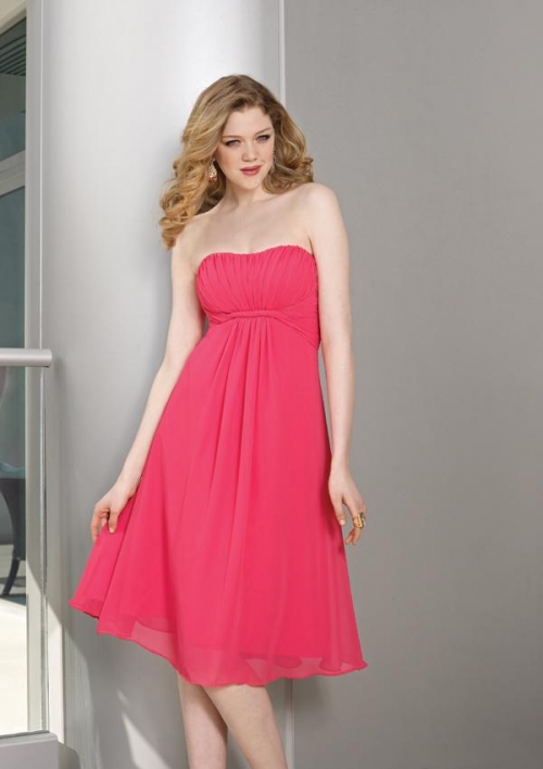 Strapless Tea length Pleated Bodice Chiffon A-line Bridesmaid Dress