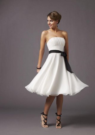 Strapless Knee length Black Sash Chiffon White Bridesmaid Dress