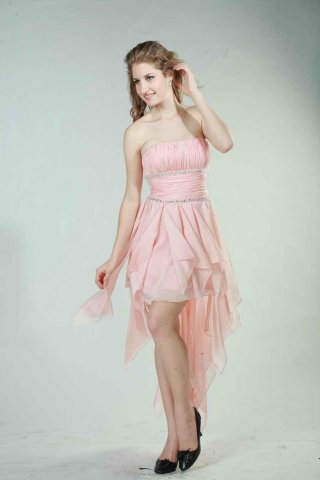 Pink Strapless Beaded High low Chiffon Bridesmaid Dress