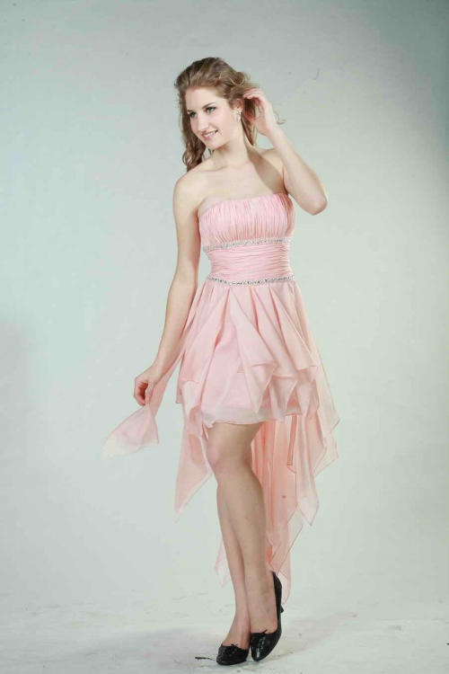 Pink Strapless Beaded High low Chiffon Bridesmaid Dress