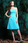 Sea Blue Bridesmaid Dresses Strapless Tea length Beaded Matte Satin