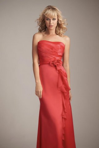 Red Chiffon Handmade Flower Fitted Long Bridesmaid Dress