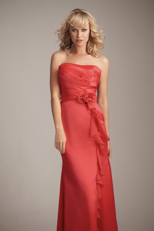 Red Chiffon Handmade Flower Fitted Long Bridesmaid Dress