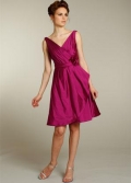 Magenta Bridesmaid Dresses Short Flower Taffeta V-neck