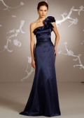 Indigo Bridesmaid Dress Long Satin Ruffle Belt One Shoulder