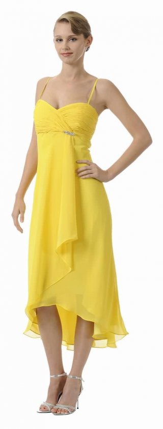 Yellow Bridesmaid Dresses Short Chiffon Brooch Straps