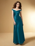 Blue Off the Shoulder Floor length Satin A-line Bridesmaid Dress