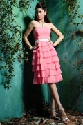 Pink Bridesmaid Dress Strapless Tea length Sash Chiffon Matte Satin