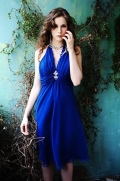 Royal Blue Chiffon Bridesmaid Dress V-neck Halter Tea length